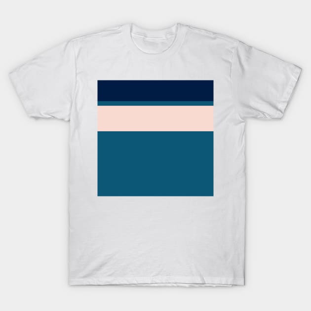 A mild patchwork of Oxford Blue, Blue Sapphire, Sea, Pale Cyan and Pale Pink stripes. T-Shirt by Sociable Stripes